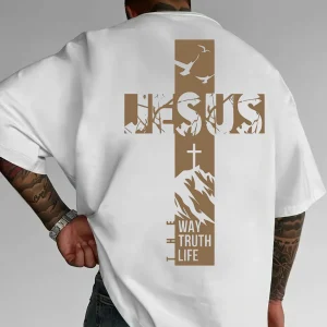 Summer Christian Style Jesus Cross Pattern Printed Short-sleeved 100% Cotton Men's T-shirt with Faith Theme Loose and Trendy Top