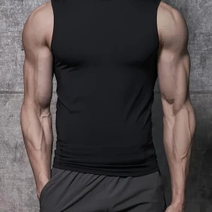 Men's sleeveless muscle vest - Quick-drying, highly elastic, breathable fabric, figure-hugging, semi-high-neck sports vest
